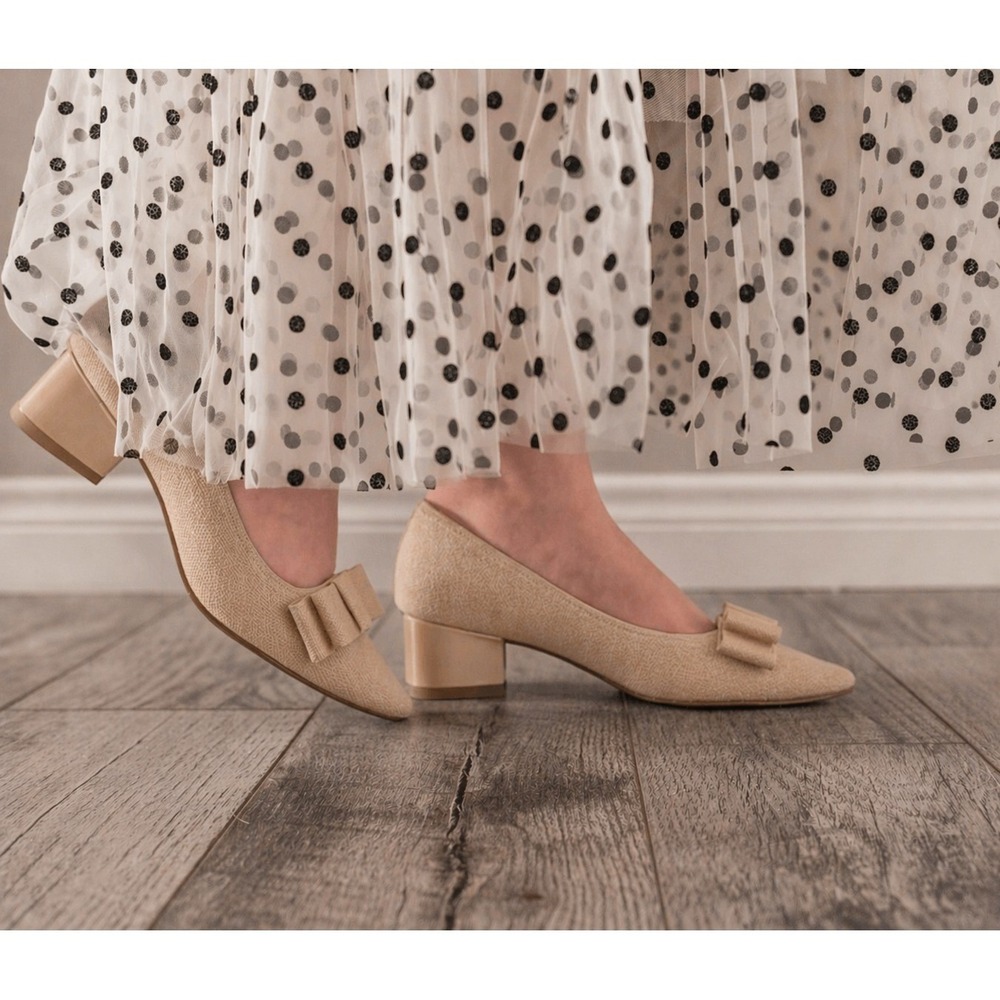 VIVAIA Stella Tan Beige Knit Pointed Toe Block Heels Detachable Bow EU 38 US 7